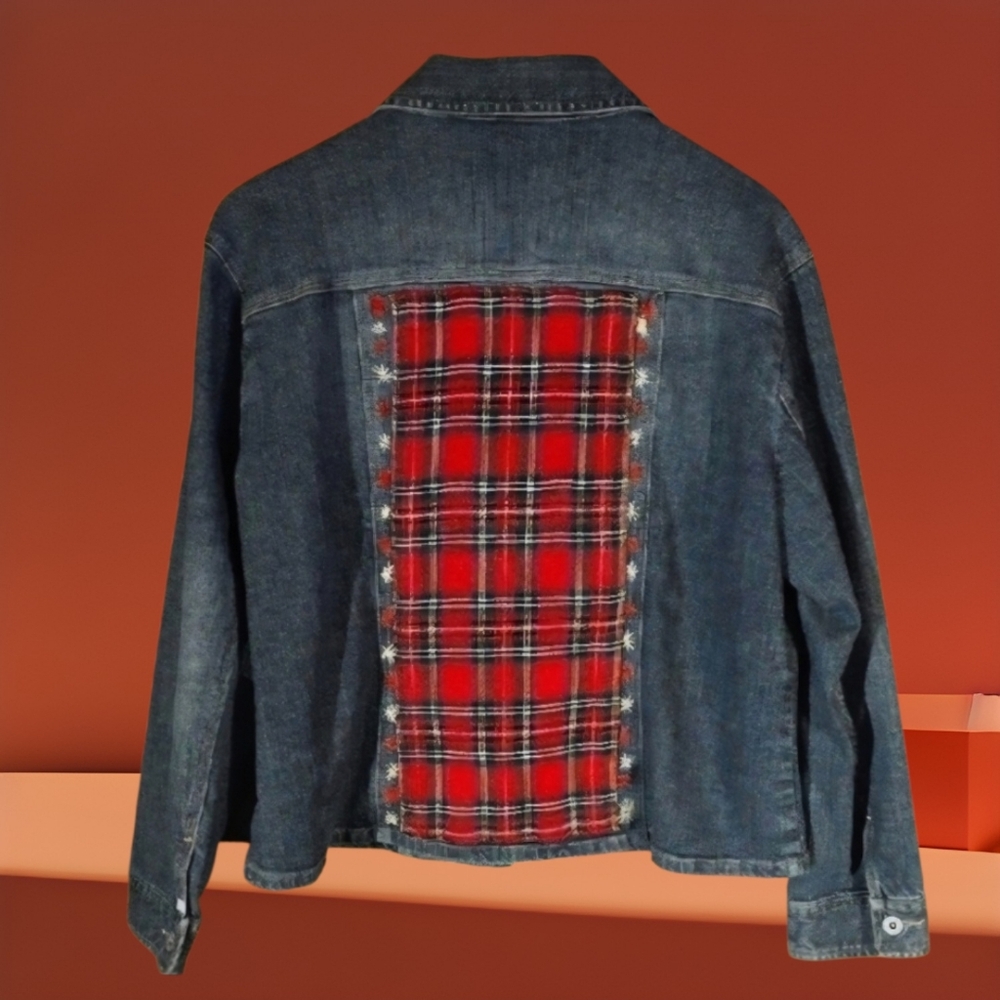 Upcycled Denim Red Plaid Jacket